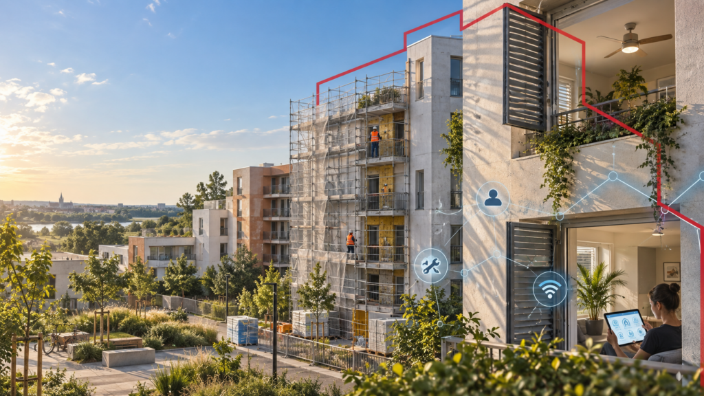 Illustration des enjeux de construction, de rénovation, d’adaptation climatique et de numérisation du logement social