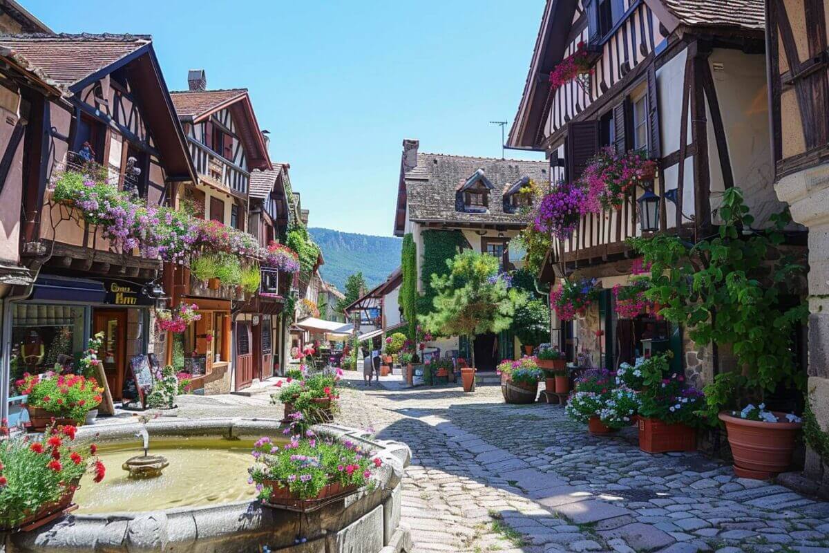 Rue fleurie de La Bastide-Clairence au Pays Basque